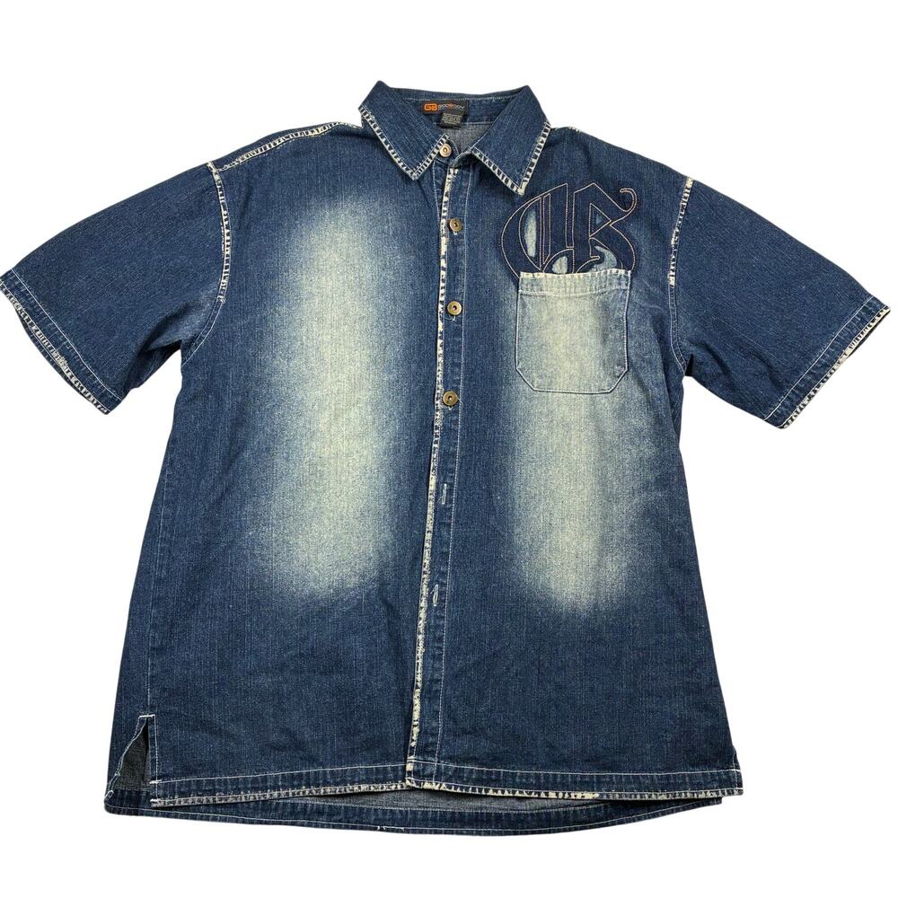 Vintage GodBody Shirt Mens XL Blue Denim Stitched Contrast Logo Button Up Russia